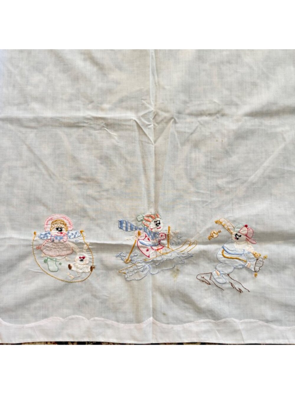 Vintage Embroidered Baby Crib Flat Sheet Jump Rope Skiing Baseball White Pink - Picture 8 of 9